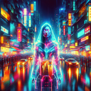 Girl futuristic image with cyberpunk neon style