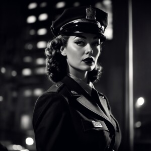 black and white. noir style art. a pin-up police officer. 1940s...