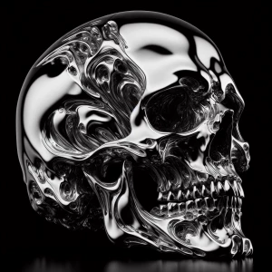 highly reflective, polished metal skull face, distorted and twis...