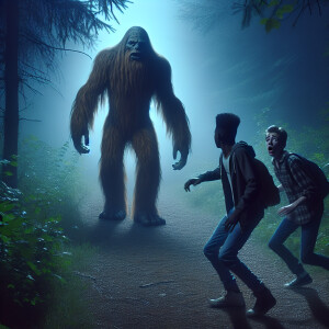 Create an image of a monstrous, humanoid Sasquatch with coarse,...