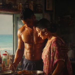 Hyperrealism painting.a muscular sweaty indian man standing be...
