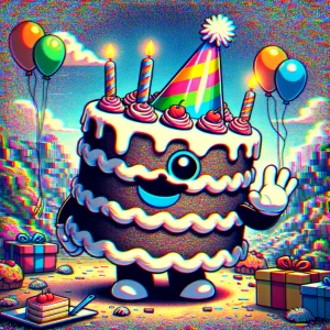 anthropomorphic birthday cake having a party,glitchcore,hallucin...