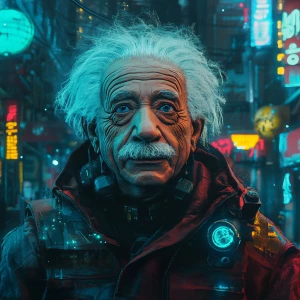 Albert Einstein in a surrealist Cyberpunk 2077 world