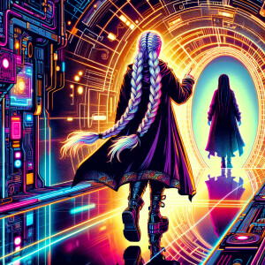 A girl with long white hair and two braided braids, black boots...