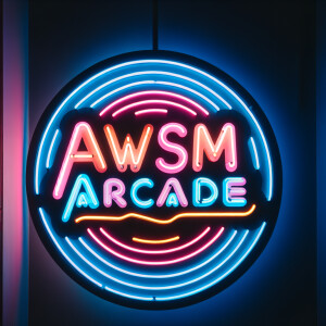 Neon sign hung on a black wall with text that reads AWSM Arcade