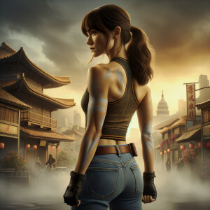 Athletic Thin skinny Attractive, Asian teenage girl, long brown hair and bangs, wearing tight skinny jeans and a halter top paint marks on her clothing, heroic pose Asian graffiti background, backside view