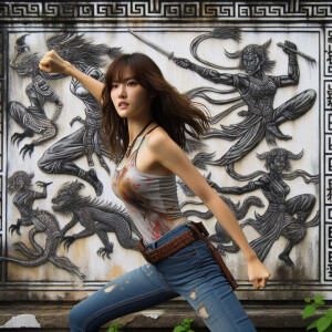 Athletic Thin skinny Attractive, Asian teenage girl, long brown hair and bangs, wearing tight skinny jeans and a halter top paint marks on her clothing, heroic pose Asian graffiti background, side view