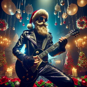 Santa Claus with a malevolent twist, clad in a rock 'n' roll out...
