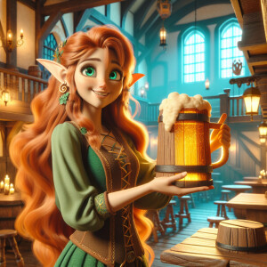 An elf with long orange hair, green eyes, green clothes, a woode...