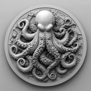 Design a high-contrast grayscale 3d bas relief of a giant octopu...