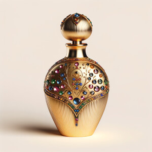 Create a 3-D realistic gold and  blue, colorful jewels perfume bottle
In the shape of a women’s body with the name Karen