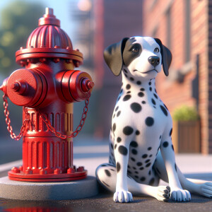 Cute CGI 3d Dalmatian sitting beside a fire hydrant