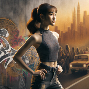 Athletic Thin skinny Attractive, Asian teenage girl, long brown hair and bangs, wearing tight skinny jeans and a halter top paint marks on her clothing, heroic pose Asian graffiti background, side view