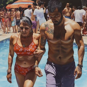 Hyperrealistic painting,,a muscular tattoed pierced man walking...