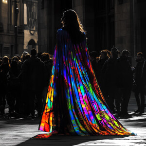 A crowd huddles on the monochrome street, their attention fixed...