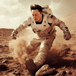 Elon Musk stumbles on the rocky red terrain of Mars, kicking up...