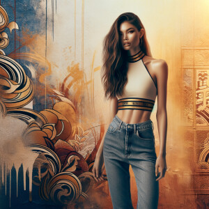 Athletic Thin skinny Attractive, Asian teenage girl, long brown hair and bangs, wearing tight skinny jeans and a halter top paint marks on her clothing, heroic pose Asian graffiti background, side view