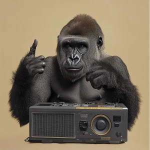 Gorilla turning on a boombox with its finger