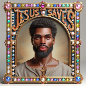 A 3D realistic artwork featuring the phrase 'Jesus Saves' adorne...
