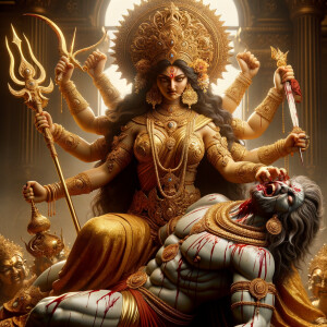 portrait of angry looking goddess durga, sitting on a gold crown and carrying a weak mahishasur on her lap and stabbing him with her amazingly designed trident. She is wearing gold armor, a huge gold crown, red saree, abundant gold jewelry, covered in blood. The scene is set in ancient India. The image is 8K resolution, cinematic, ultra detailed face and epic.