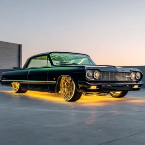 A stunning hydraulic lifted 64 Chevy impala on Dayton 100 spoke...
