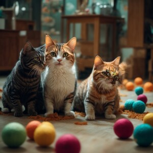 Five mischievous cats of different realistic colors are playing...