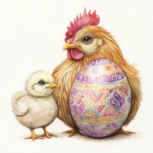 The chicken is sitting on an Easter egg, she is looking sideways...