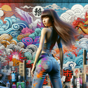 Athletic Thin skinny Attractive, Asian teenage girl, long brown hair and bangs, wearing tight skinny jeans and a halter top paint marks on her clothing, heroic pose Asian graffiti background, backside view