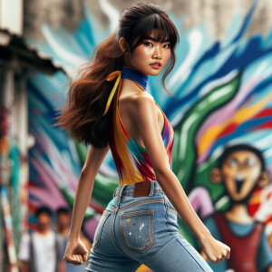 Attractive, Asian teenage girl, long brown hair and bangs, wearing tight skinny jeans and a halter top paint marks on her clothing, backside view heroic pose Asian graffiti