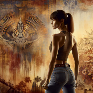 Athletic Thin skinny Attractive, Asian teenage girl, long brown hair and bangs, wearing tight skinny jeans and a halter top paint marks on her clothing, heroic pose Asian graffiti background, backside view