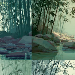 A tranquil Japanese forest river with smooth stones and gentle s...