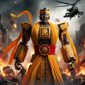 China as a transformer character, adorned with yellow emperor go...