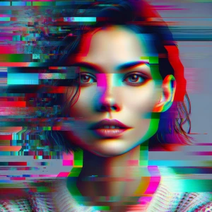 Portrait of modern day woman with digital glitches, color shifts...