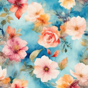 Create a tileable pattern showcasing watercolor florals in vivid...