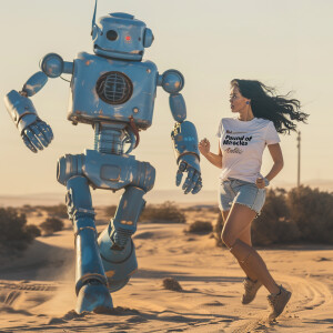 A gorgeous 23-year-old brunette woman is running away from a blu...