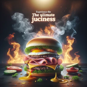 A vibrant ad featuring a towering, double-stacked burger with layers of cheese, lettuce, tomato, and sizzling bacon. The burger is front and center, surrounded by dynamic splashes of mustard and ketchup, with the tagline, ‘Experience the Ultimate Juiciness,’ written in bold, glowing letters at the top.