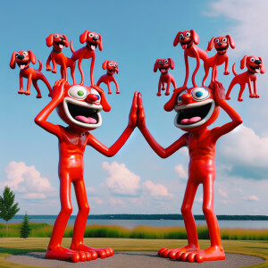 "Create a whimsical and humorous sculpture featuring two red, st...