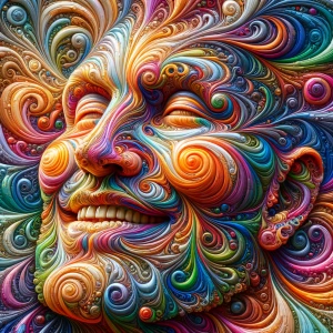 Create a 3D 8K UHD image of a large smiling face composed of fre...