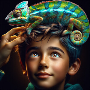 A chameleon hugging a boys head