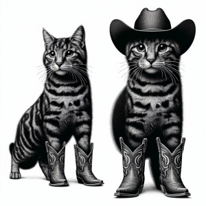 Illustrate a black and gray tabby cat standing upright wearing c...