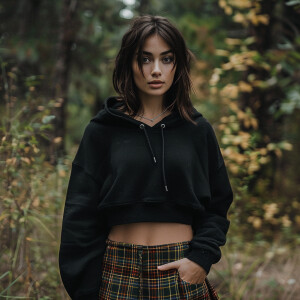 Photo of fair skinned woman with dark hair and full chest wearin...