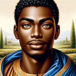 Create handsome African-American, Jesus, with Hazel Brown eyes wearing a blue and gold robe