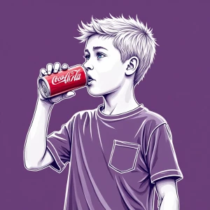 A digital painting depicting a boy drinking from a Coca-Cola can...