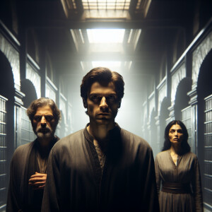 Two men and one woman standing in a maze of scary dark rooms