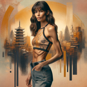 Athletic Thin skinny Attractive, Asian teenage girl, long brown hair and bangs, wearing tight skinny jeans and a halter top paint marks on her clothing, heroic pose Asian graffiti background, side view