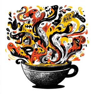 hand-drawn coffee cup overflowing with swirling steam transformi...