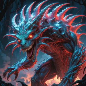 A grotesquely monstrous quantum quillback, its spiny exoskeleton...