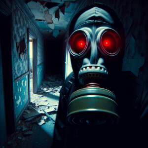 A singular gas mask with red eyes all the way down a scary dark...