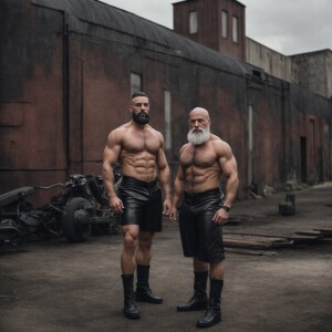 two muscle bodybuilders white men bald with gray beards shirtles...
