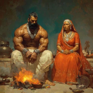 Realism, art.a beefy muscular sweaty criminal man ,sitting besid...